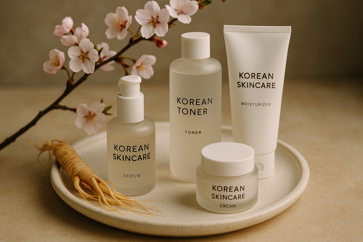 alt_text : Produits de soins coréens sur plateau élégant avec ginseng, fleurs de cerisier, et mots-clés discrets.