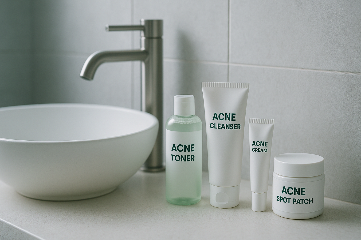 alt_text : Salle de bain moderne avec vasque minimaliste, produits K-beauty pour acné, éclairage frais.