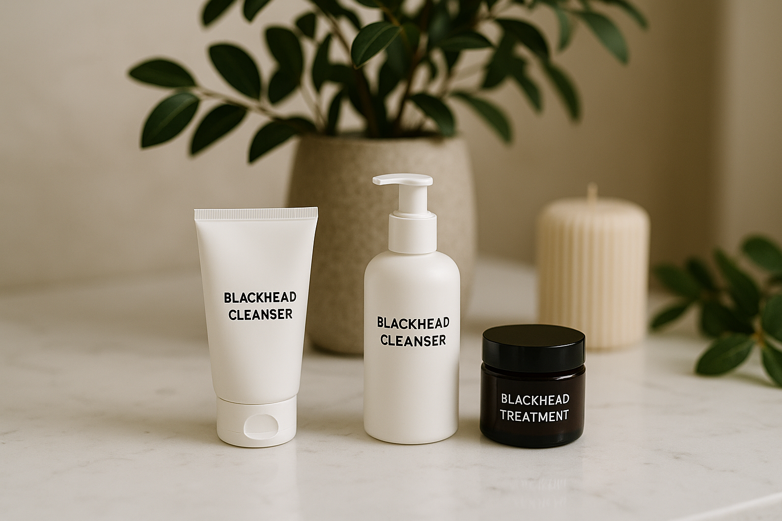 alt_text : Produits anti-points noirs sur comptoir quartz blanc, avec déco élégante et plantes apaisantes.
