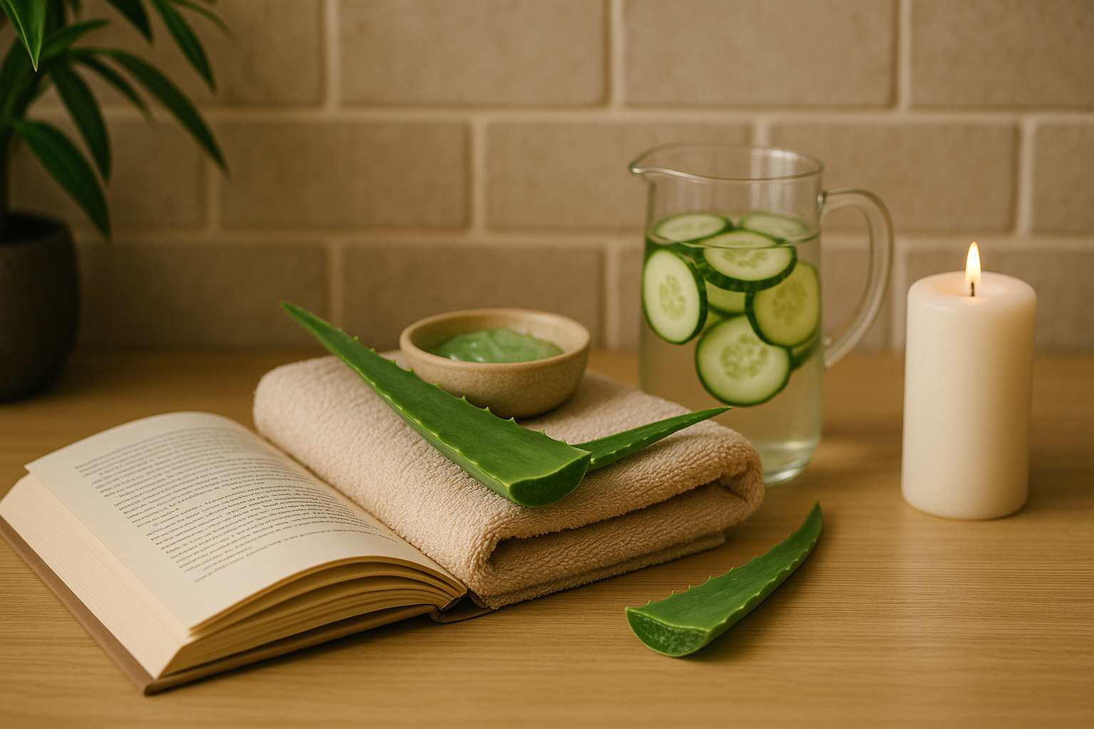 alt_text : Espace spa coréen moderne avec soins, aloe, livre ouvert, eau au concombre et bougie blanche.