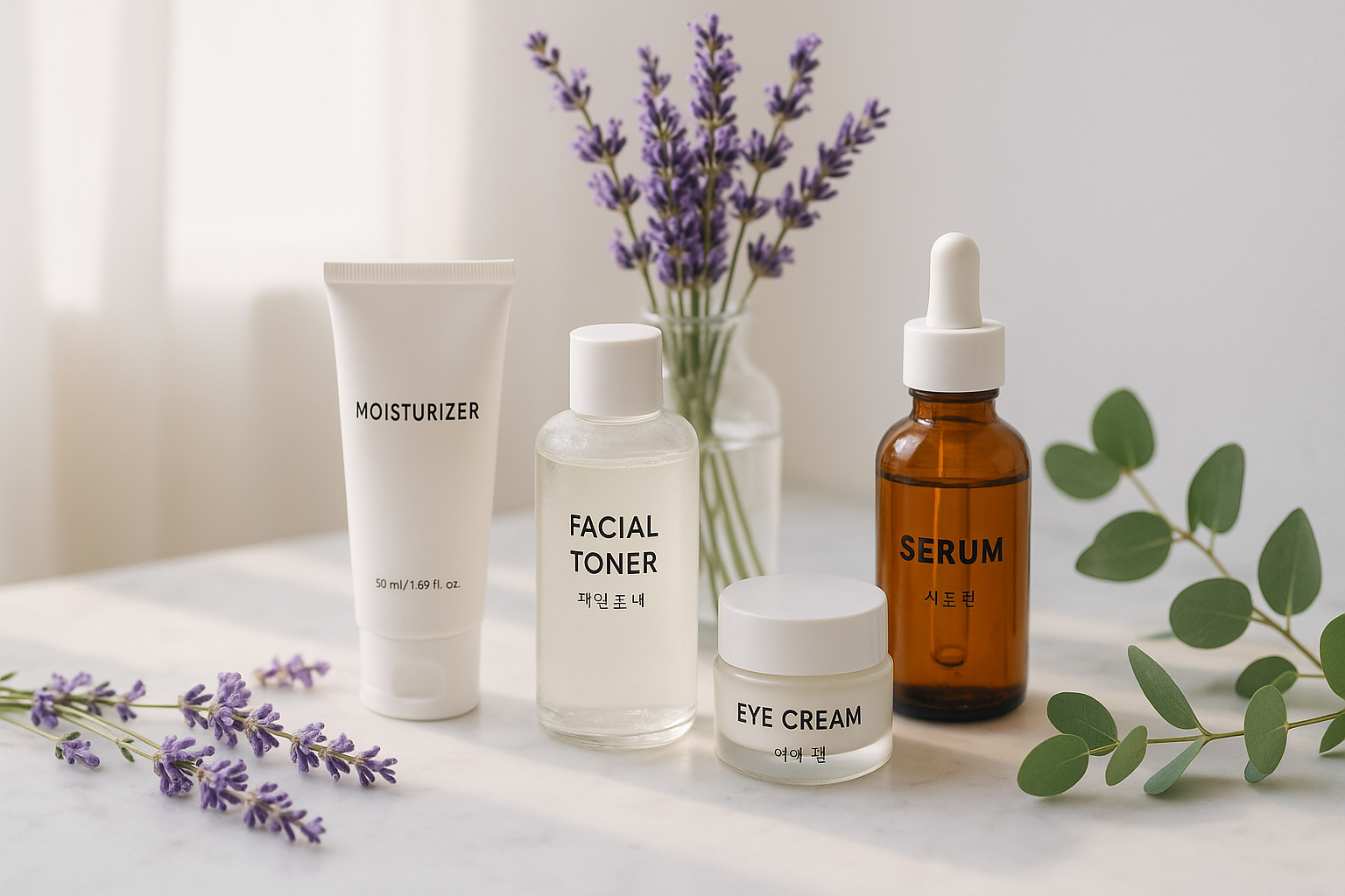 alt_text : Espace beauté lumineux et épuré avec produits coréens, touches lavande et eucalyptus frais.