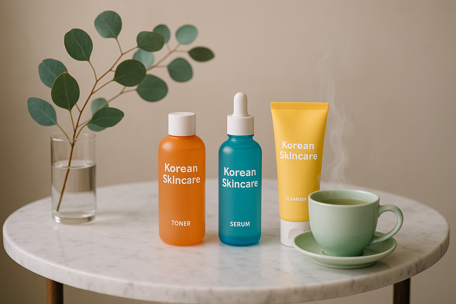 Espace minimaliste avec table en marbre, soins coréens colorés, eucalyptus, thé vert fumant.