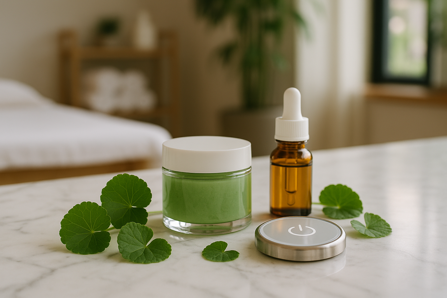 alt_text : Espace bien-être moderne avec soins Centella Asiatica sur marbre, bouton sensoriel en verre, feuilles.