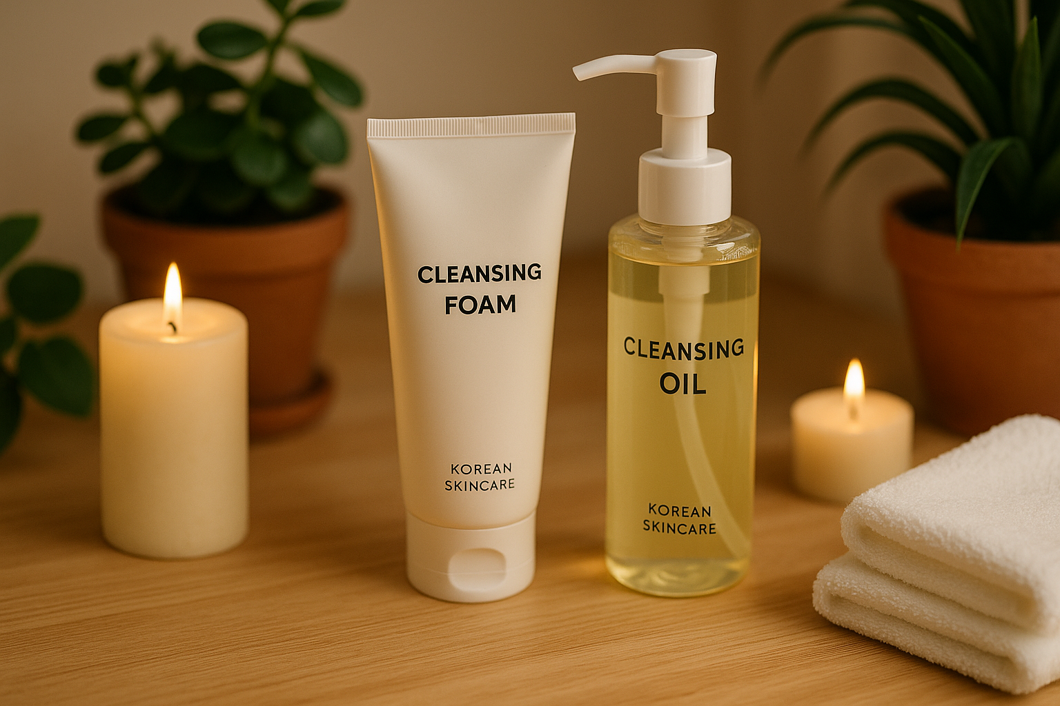 alt_text : Produits de skincare coréens sur table en bois clair, entourés de bougies, plantes et serviettes blanches.