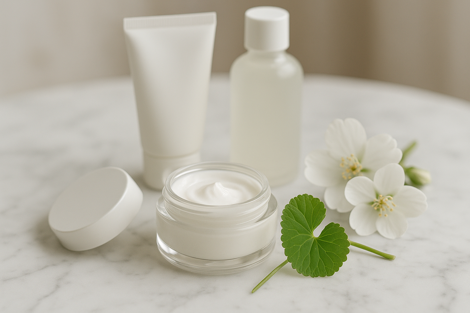 Table en marbre avec soins coréens, Centella fraîche et fleurs blanches; ambiance douce et pure.