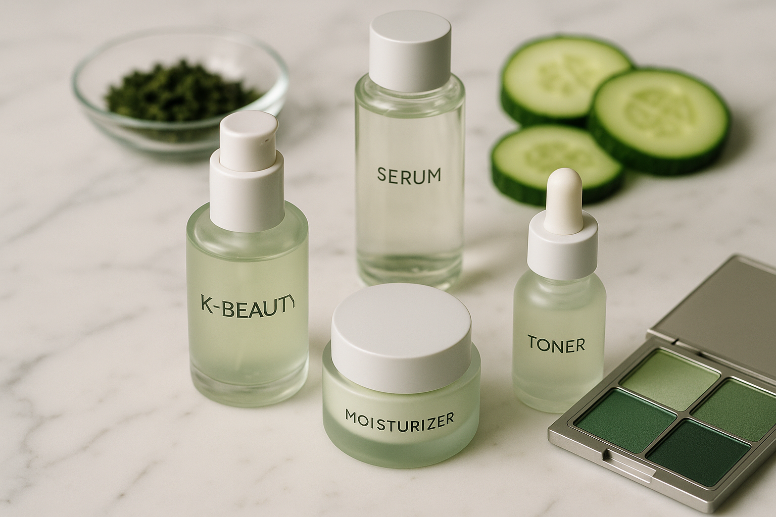 alt_text : Produits K-Beauty sur marbre blanc, flacons et pots, thé vert, concombres, palette verte et argent.