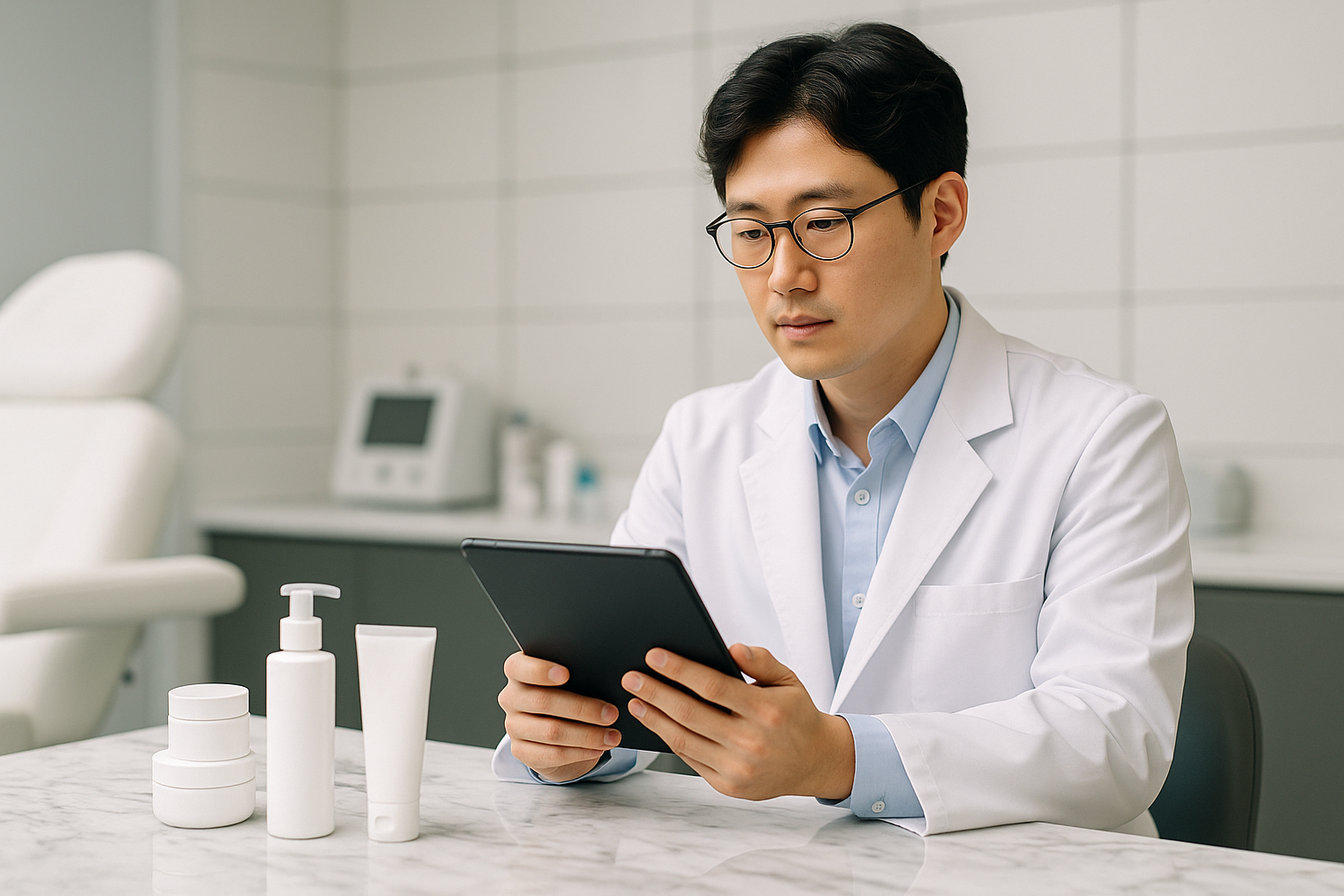 alt_text : Salle dermatologique moderne, table en marbre avec crèmes, dermato coréen analyse une tablette.