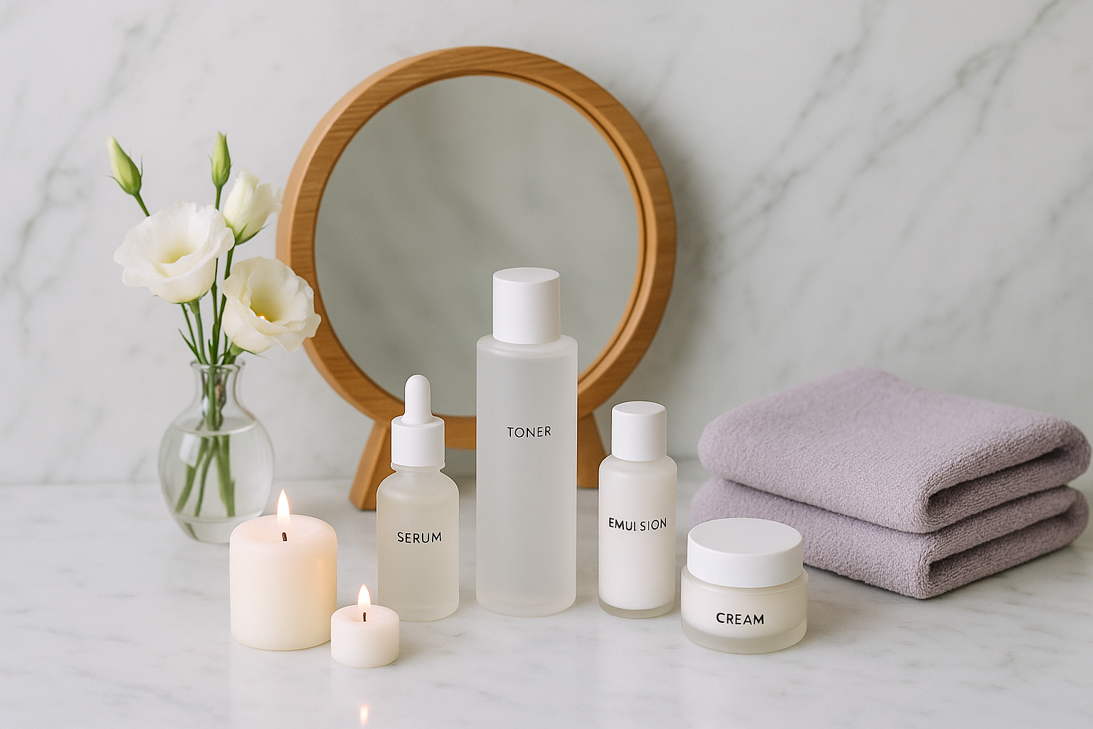 alt_text : Espace soin chic et zen : marbre blanc, produits coréens, miroir bois, bougies, fleurs, serviettes lavande.