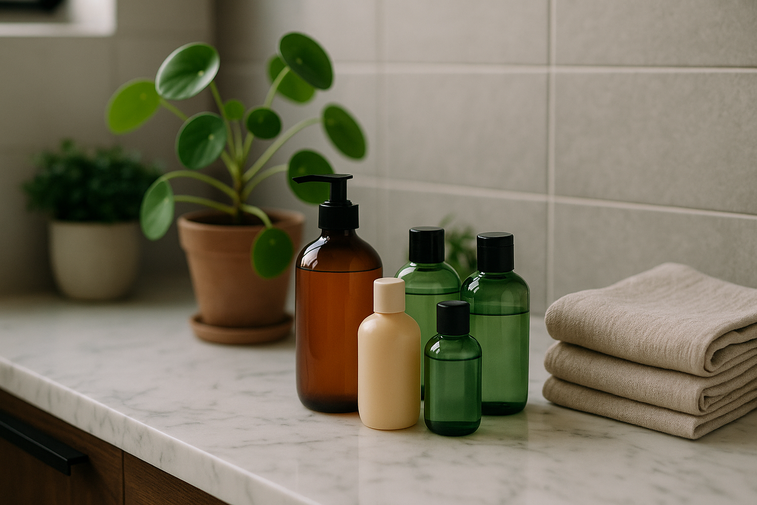 alt_text : Salle de bain moderne avec comptoir en marbre blanc, flacons colorés, plantes et serviettes en lin.