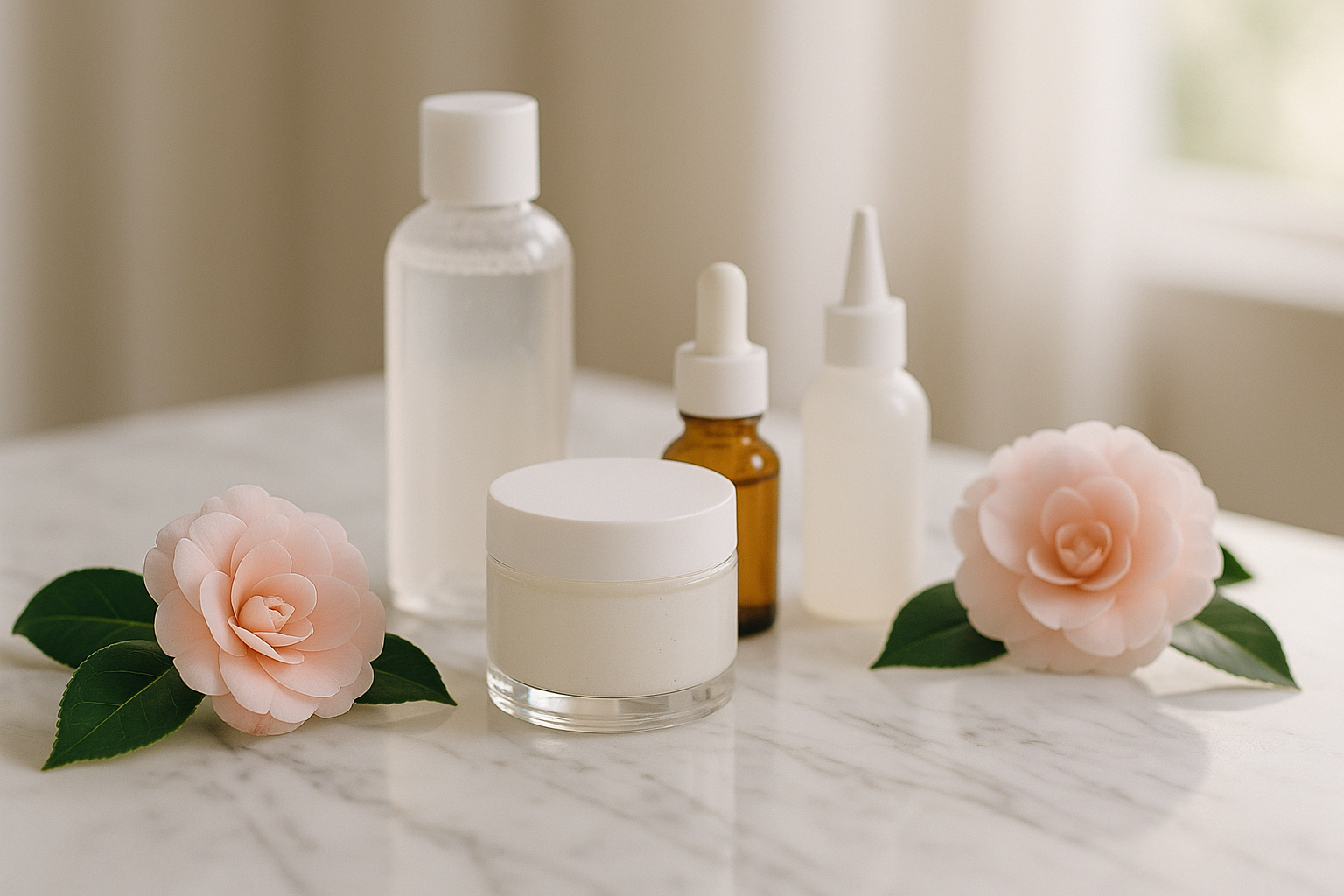 Scène épurée avec soins coréens, marbre, fleurs de camélia et ambiance lumineuse et apaisante.