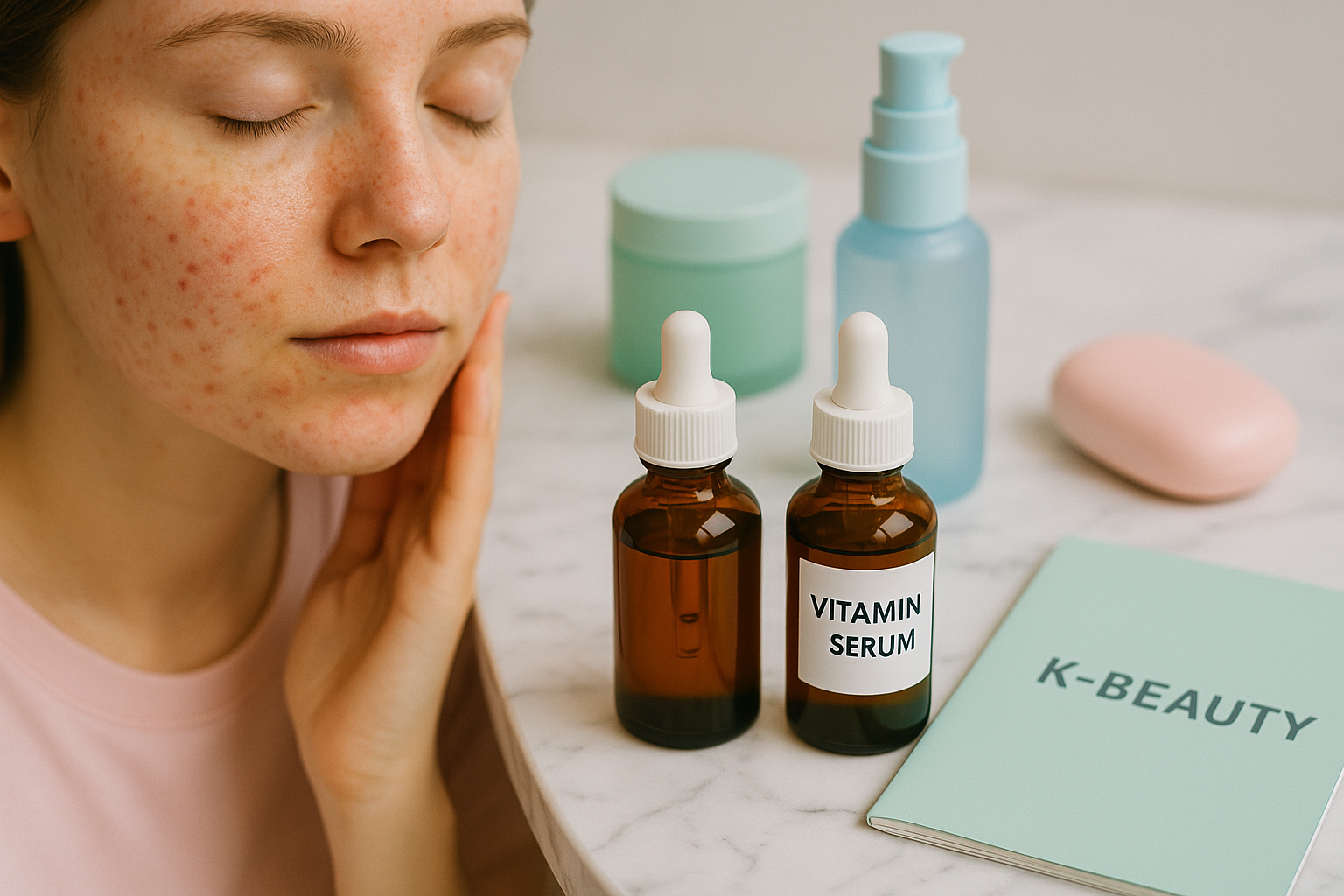 alt_text: Routine K-Beauty avec sérums Vitamine C contre taches pigmentaires sur marbre blanc, accents pastel.