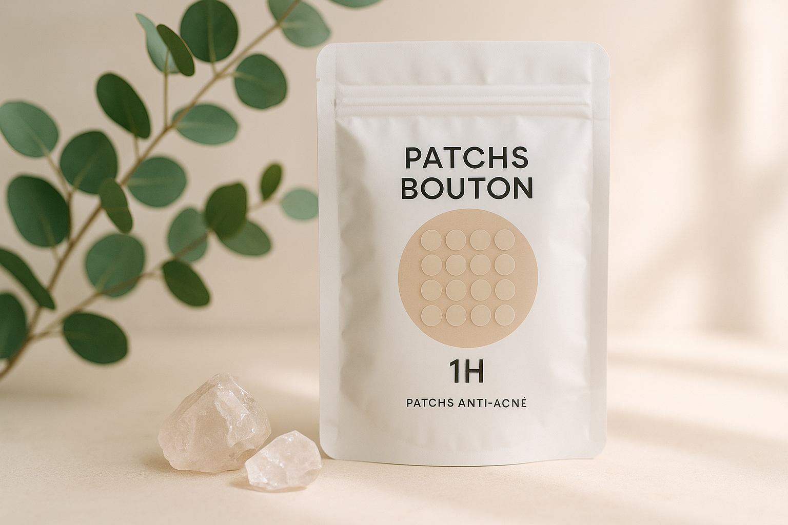 Patchs anti-acné coréens dans un décor épuré avec eucalyptus et cristaux, atmosphère douce et lumineuse.