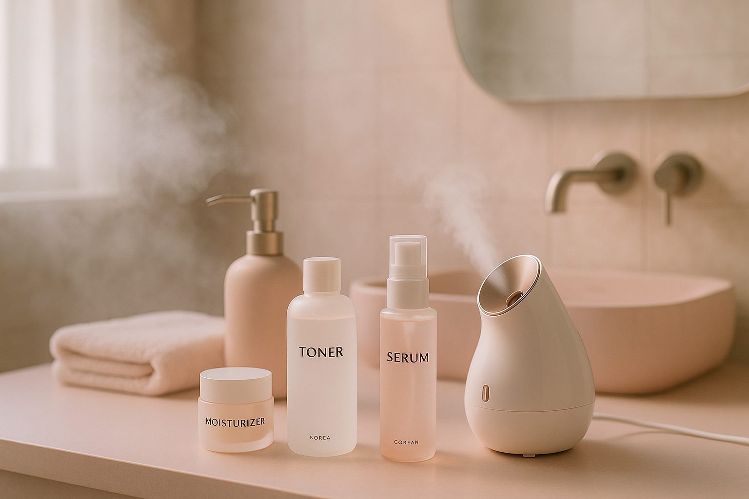 alt_text : Salle de bain moderne en tons pastel avec soins coréens et vapeur apaisante, dans une lumière douce.