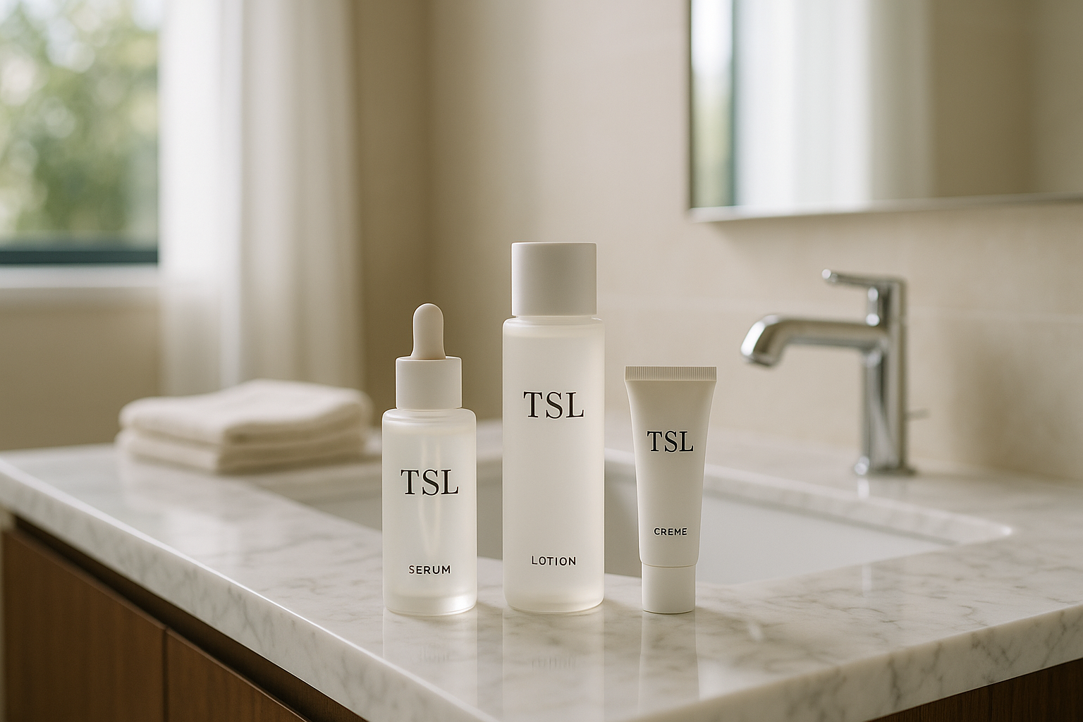 alt_text : Salle de bain moderne et lumineuse, produits TSL raffinés sur marbre, ambiance d'élégance apaisante.