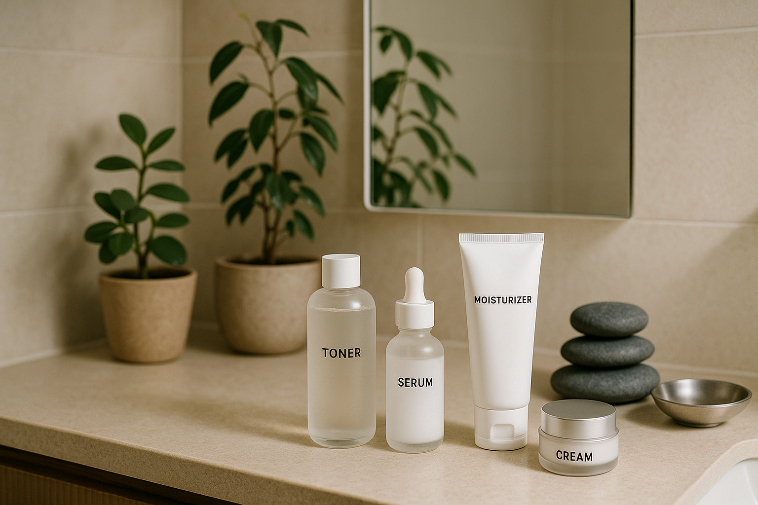 alt_text : Salle de bain lumineuse aux teintes neutres, skincare coréen, plantes, pierres de spa, argent.