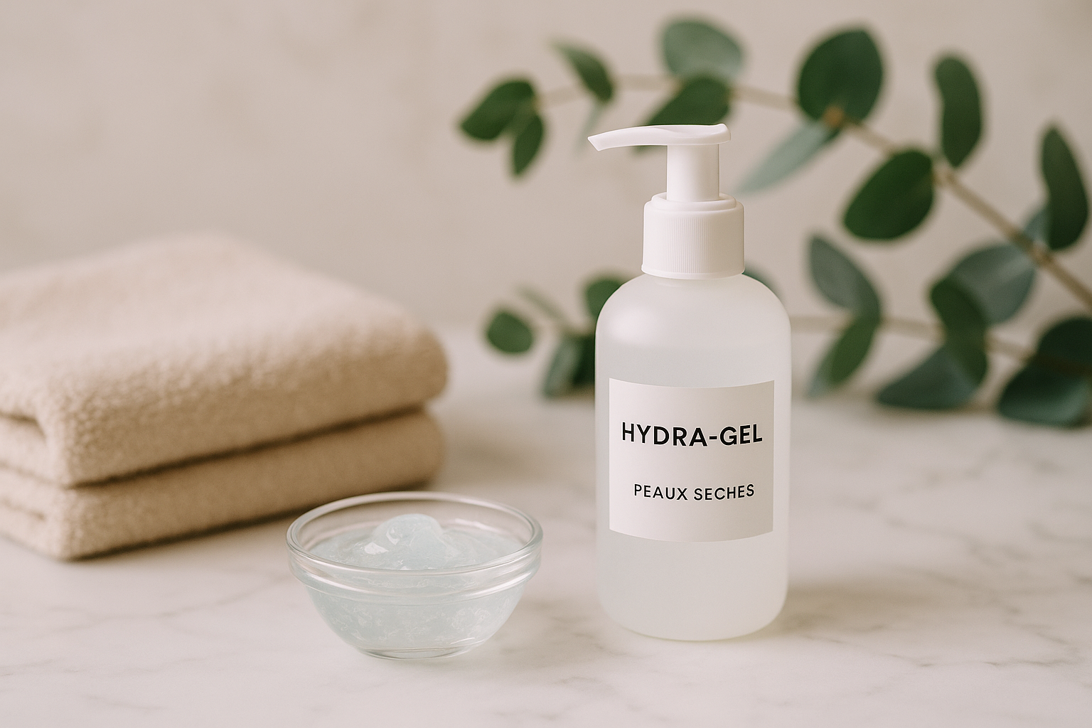 alt_text: Flacon d'hydra-gel pour peaux sèches sur marbre, avec bol de gel, serviette beige et eucalyptus.