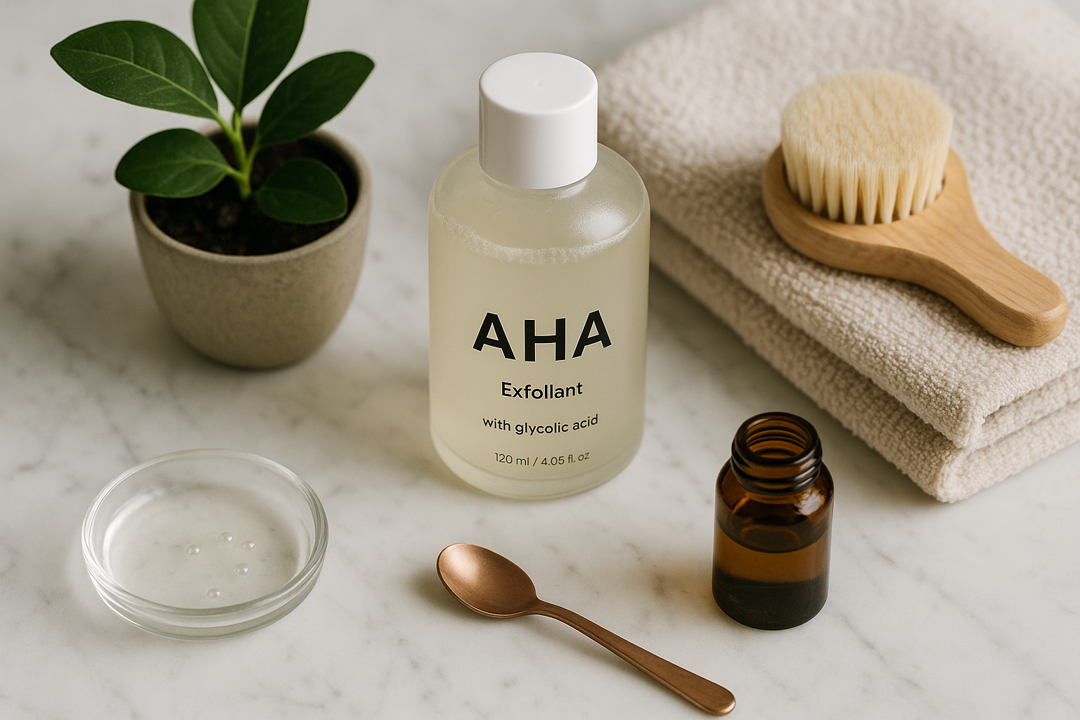 alt_text : Plan de travail en marbre avec produits K-beauty, plante verte, serviette neutre et accessoires.