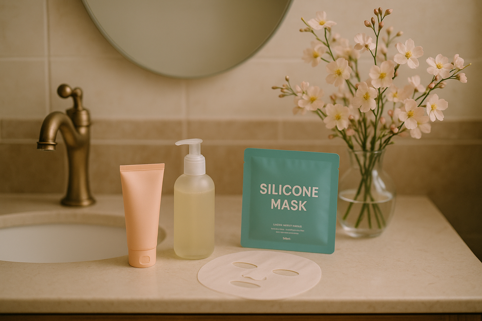 alt_text : Salle de bains élégante, tons doux, produits K-beauty et fleurs délicates pour une ambiance apaisante.