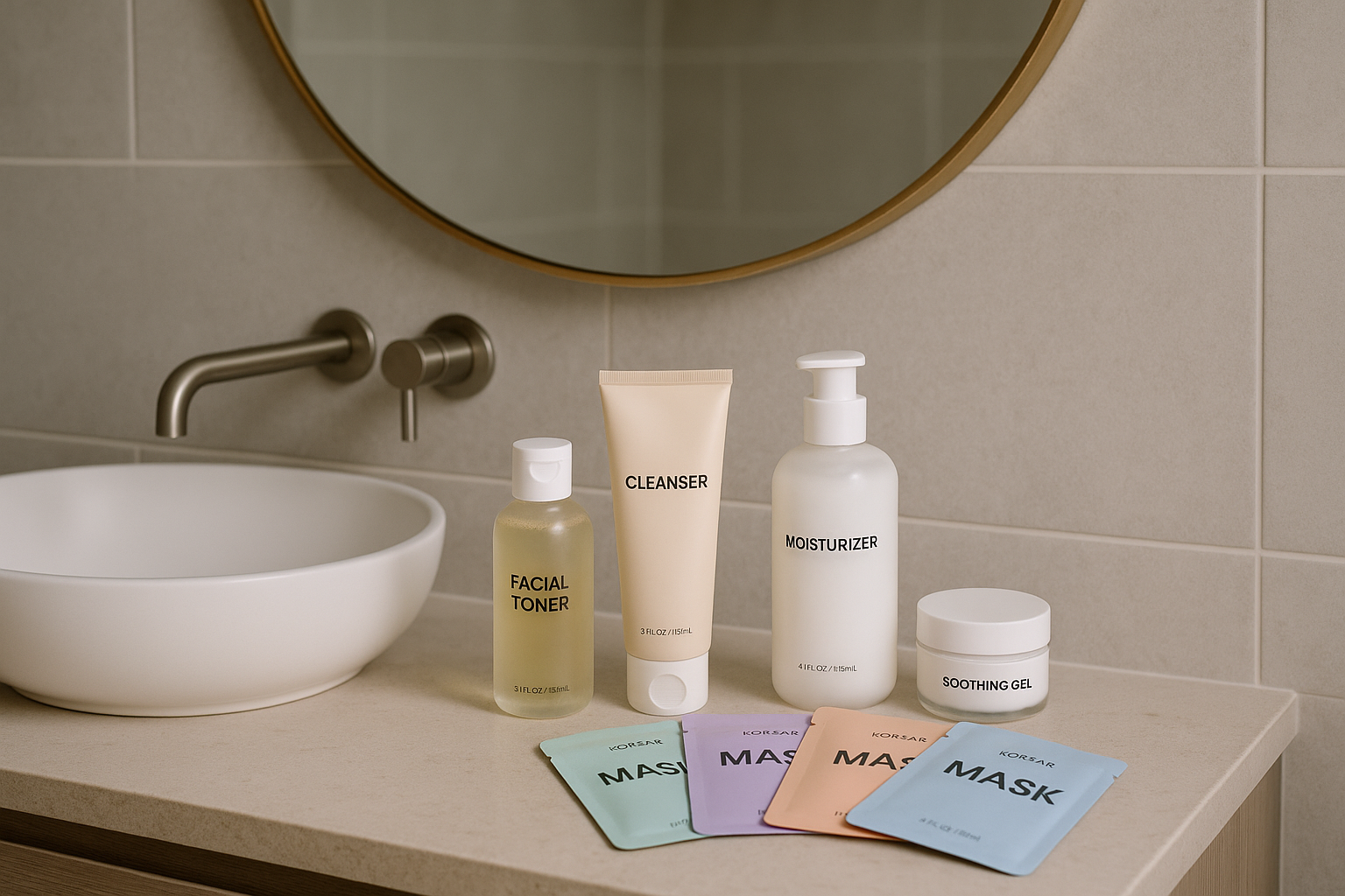alt_text: Salle de bain moderne avec produits de soin coréens, masques pastel et miroir rond doré.