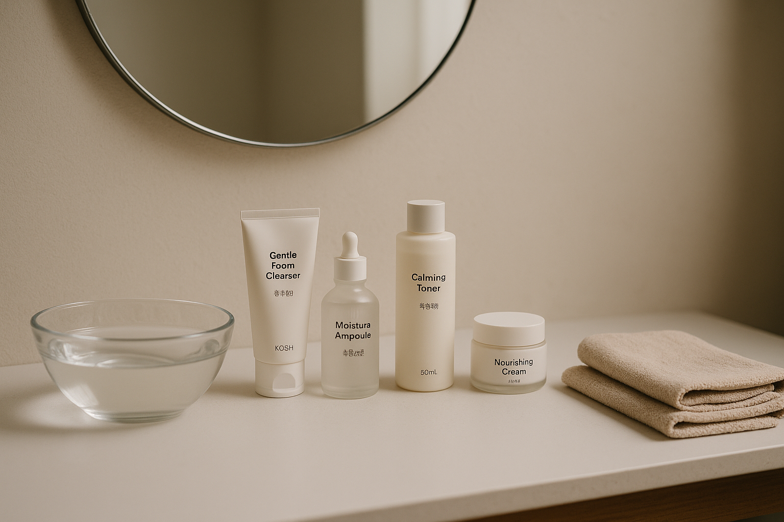 alt_text : Salle de bains minimaliste, produits skincare coréens, bol d’eau, linges beige, miroir rond.