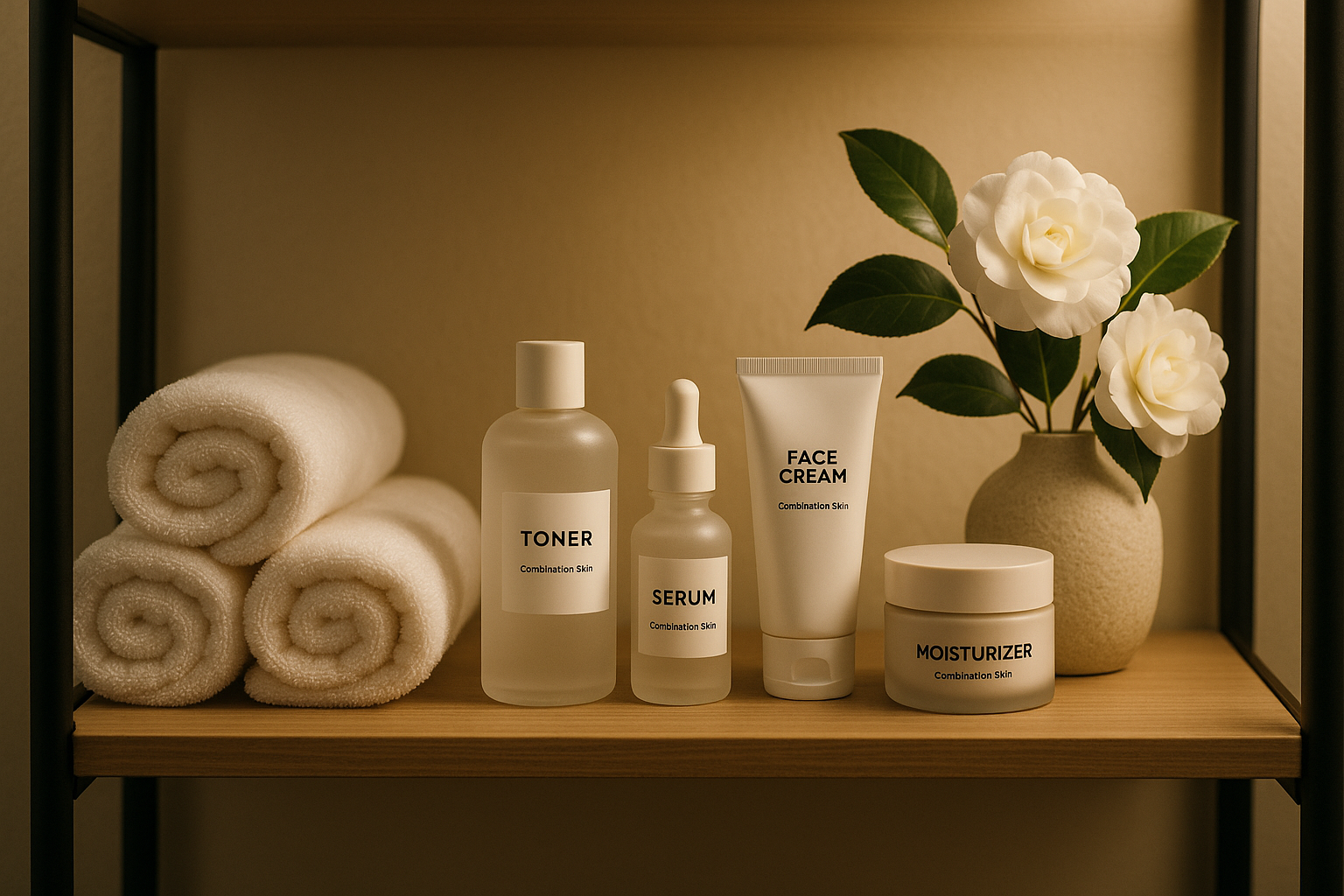 Étagère chic avec soins pour peau mixte, serviettes blanches et fleurs de camélia, éclairage zen.