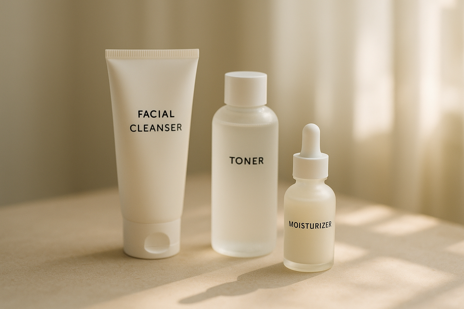 alt_text : Scène apaisante de skincare minimaliste avec produits K-beauty et lumière naturelle douce.