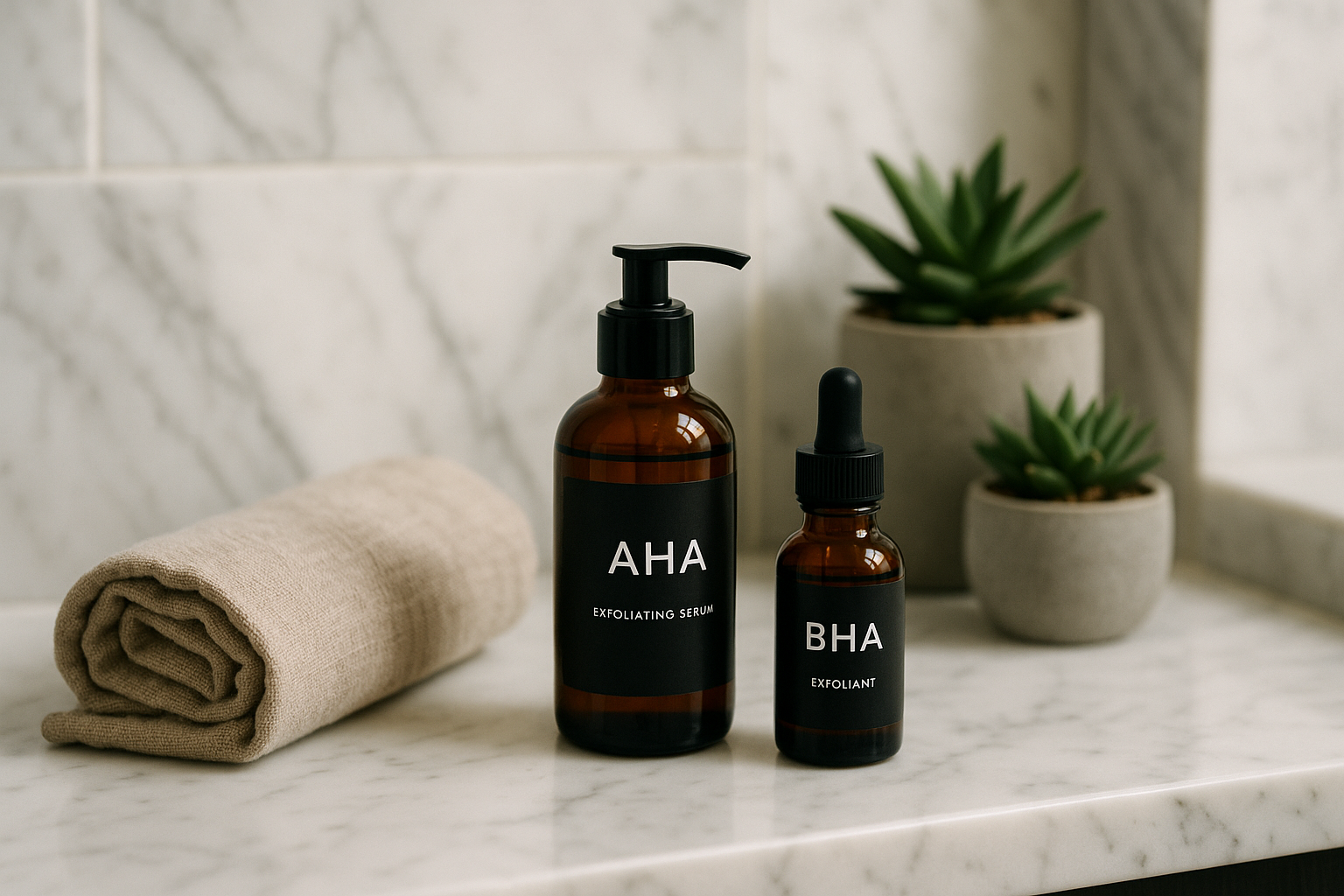 alt_text : Salle de bain contemporaine avec marbre blanc, produits élégants, serviette lin, plantes succulentes.