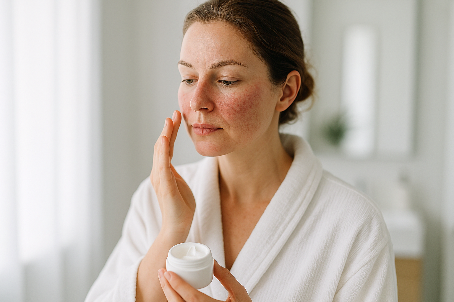 Une femme applique une crème apaisante dans une salle de bain lumineuse, minimaliste et élégante.