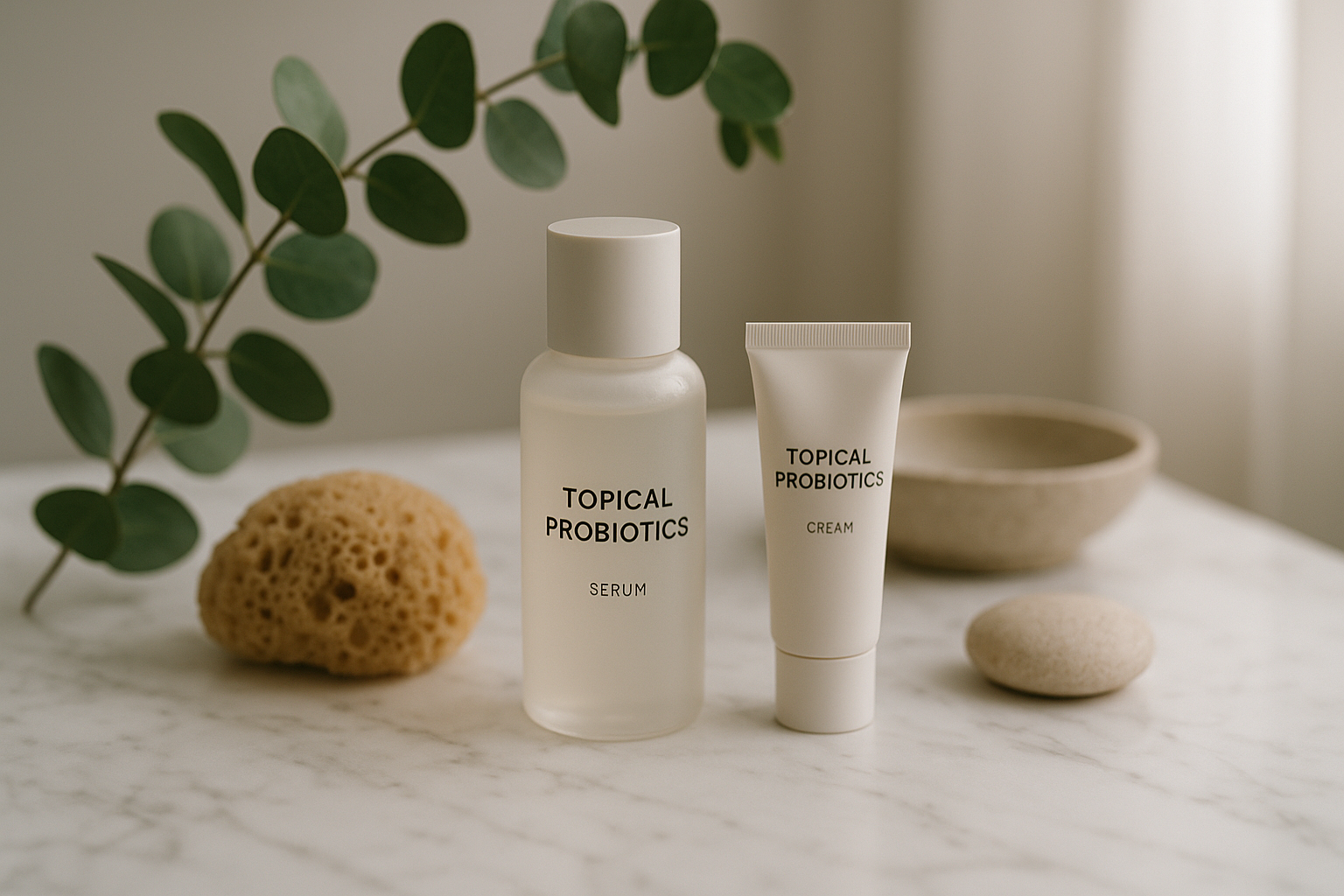 Espace zen de skincare coréen, marbre blanc, produits probiotiques, eucalyptus et lumière douce.