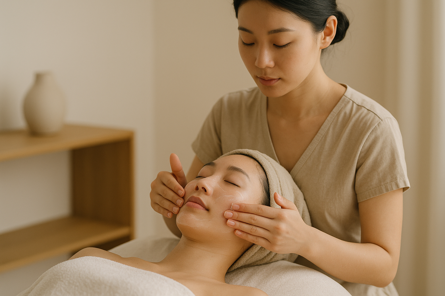 alt_text : Rituel de détente K-Beauty : soin du visage apaisant dans un cadre minimaliste et élégant.