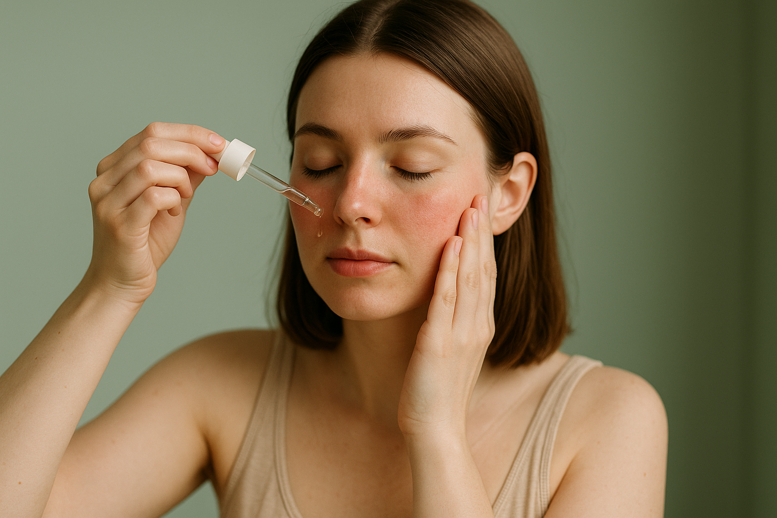 alt_text: Jeune femme appliquant un sérum sur ses joues, décor minimaliste, murs vert pâle, ambiance douce.