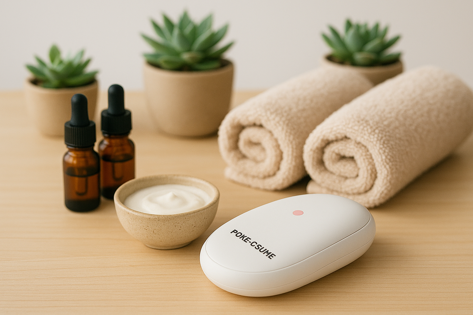 alt_text : Scène minimaliste lumineuse avec soins Poke-csume, succulentes et serviettes beiges sur table bois.