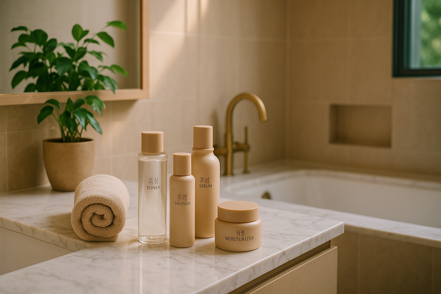 Salle de bain moderne avec soins coréens sur marbre, tons doux, verdure et ambiance luxueuse.
