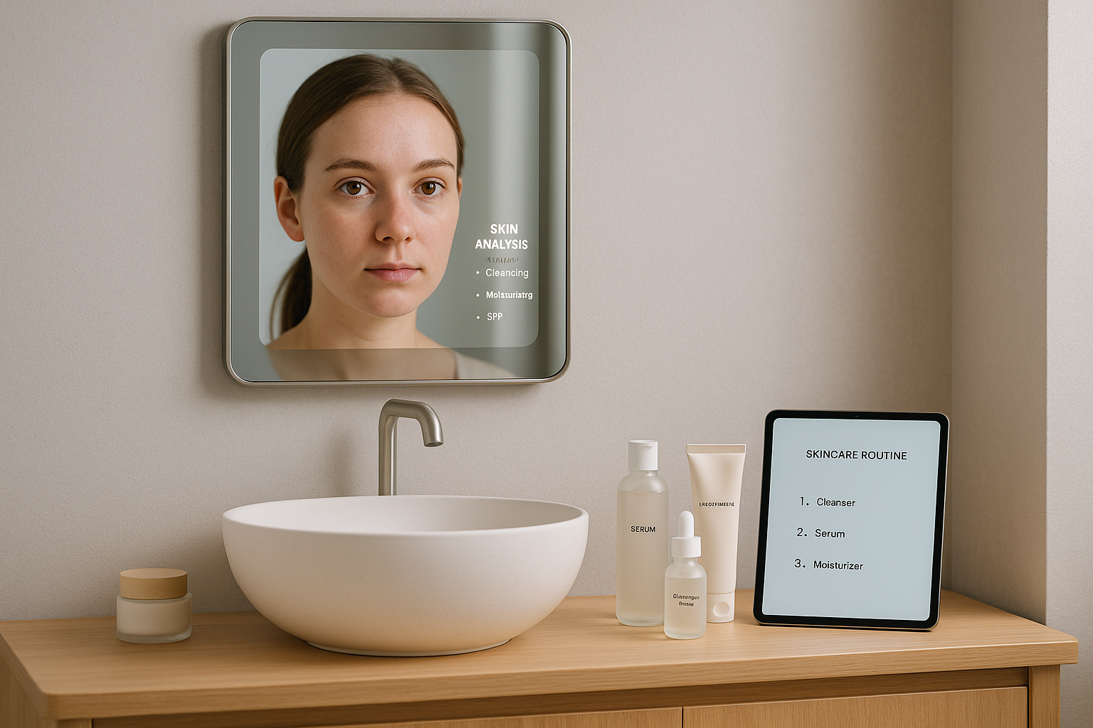 alt_text : Salle de bain minimaliste avec miroir intelligent, soins coréens et tablette pour conseils skincare.