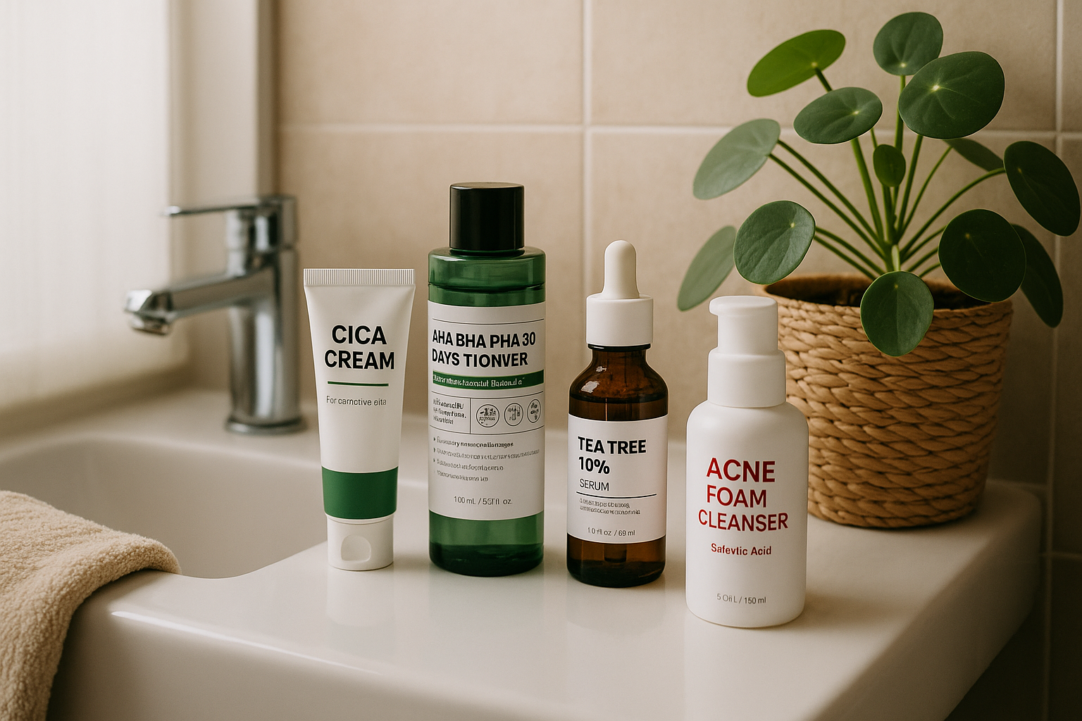 alt_text: Salle de bain moderne avec produits skincare coréenne et plante, éclairage doux et naturel.