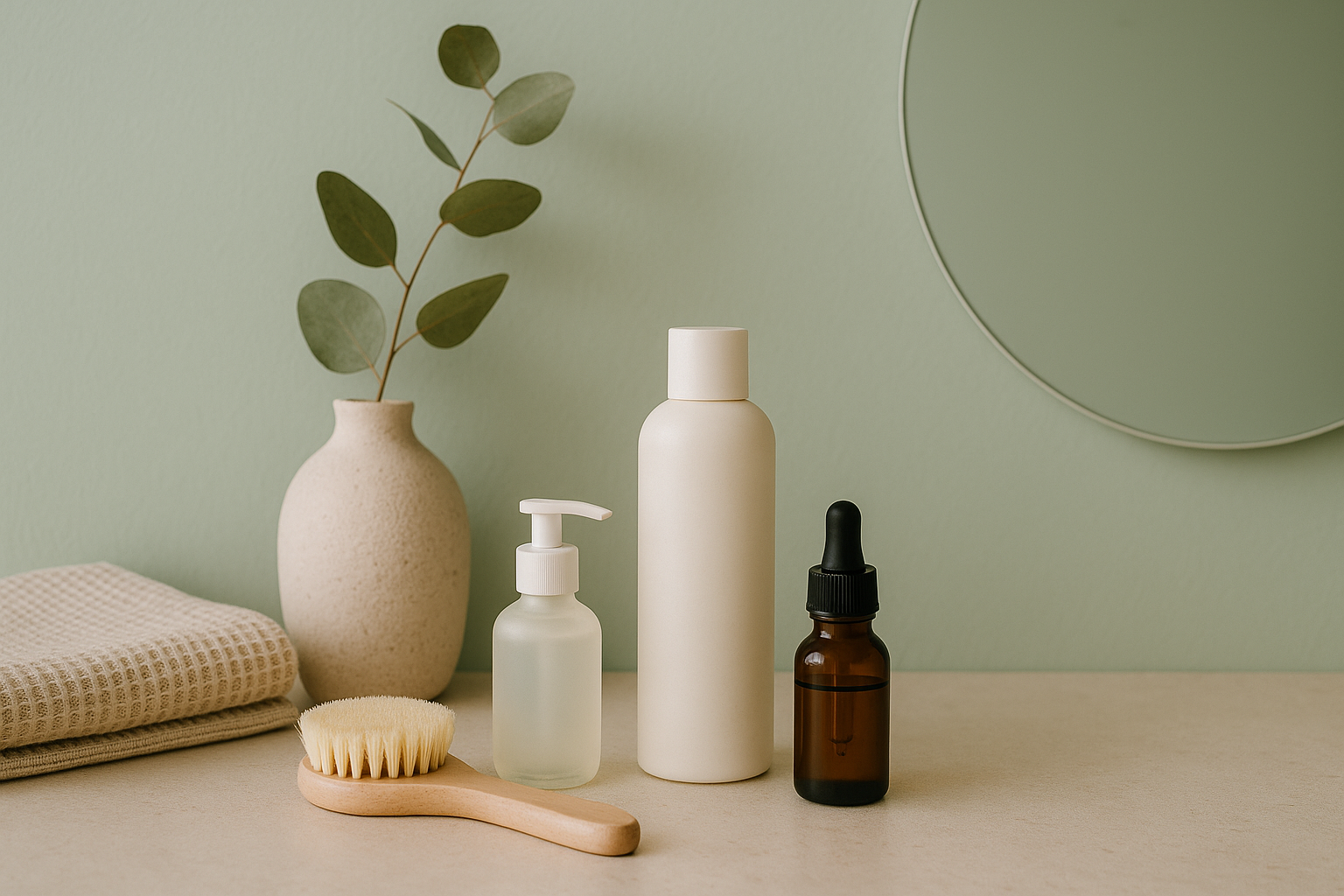 Salle de bains minimaliste avec produits skincare et déco naturelle, tons neutres et vert pastel apaisant.