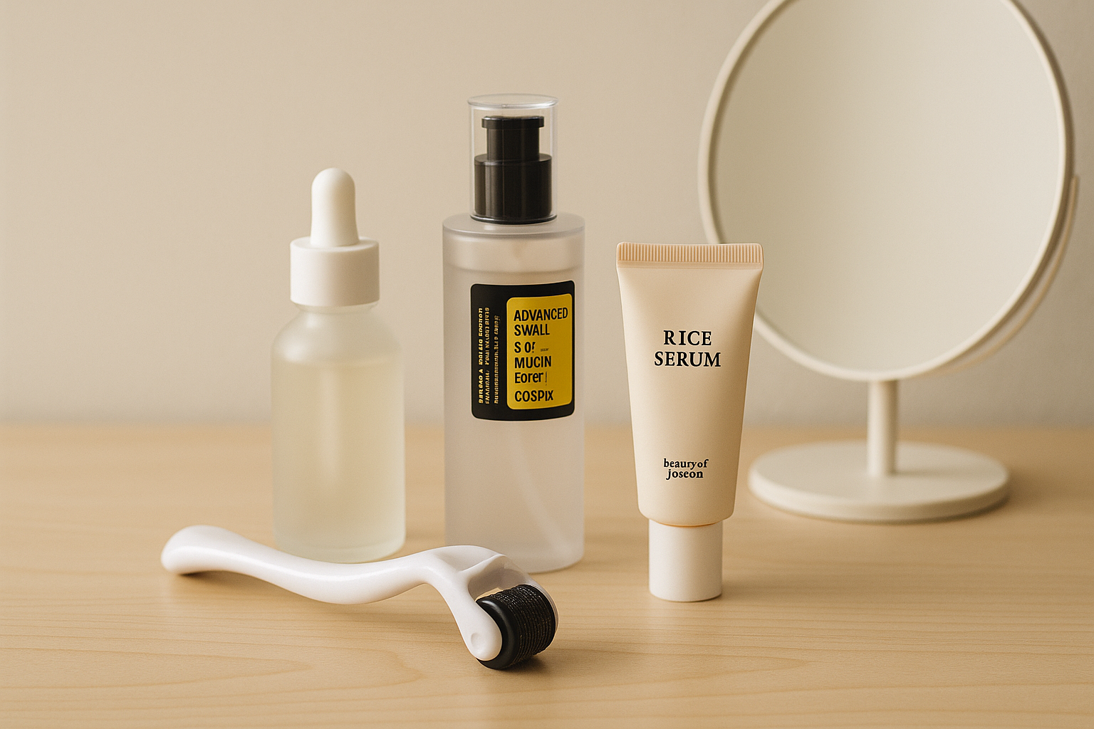 alt_text: Scene épurée avec dermaroller sur bois clair, produits skincare coréens et miroir minimaliste.