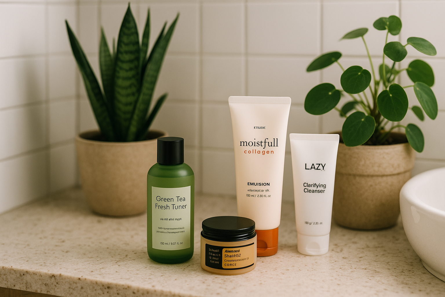 alt_text : Salle de bain moderne avec produits de skincare coréens et plantes apaisantes, ambiance sereine.