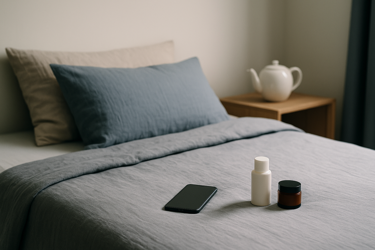 alt_text : Chambre minimaliste avec lit en lin gris, tons bleus et crème, smartphone, théière et soins cutanés.