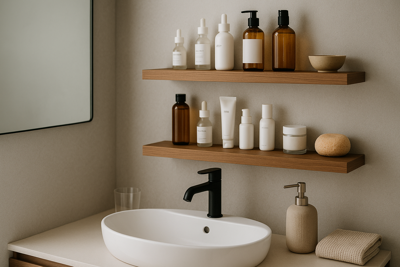 alt_text : Salle de bain moderne avec étagères flottantes, produits K-Beauty et accessoires minimalistes.