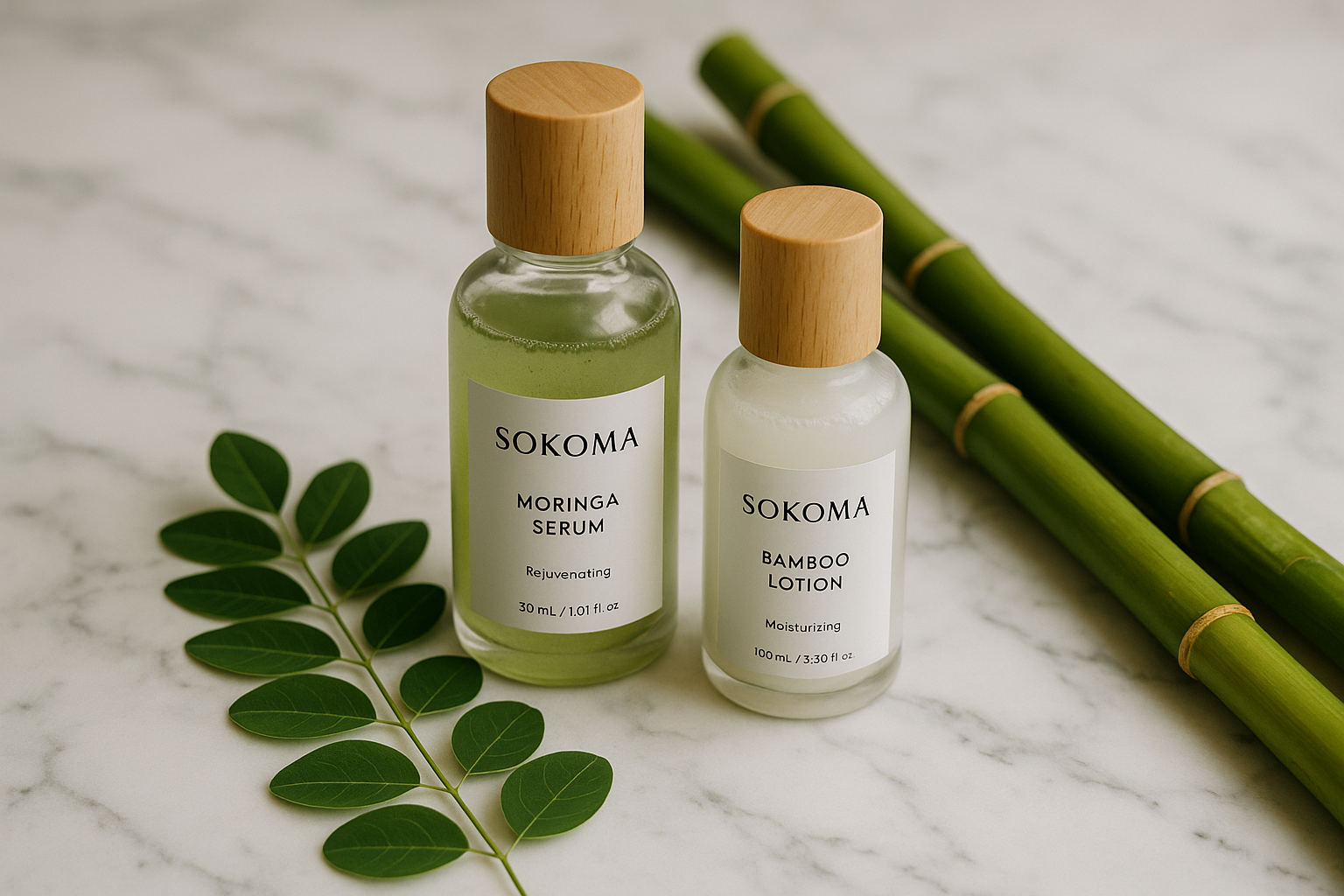alt_text : Soins visage SOKOMA sur marbre élégant, flacons en verre, accents bambou et feuilles de moringa.