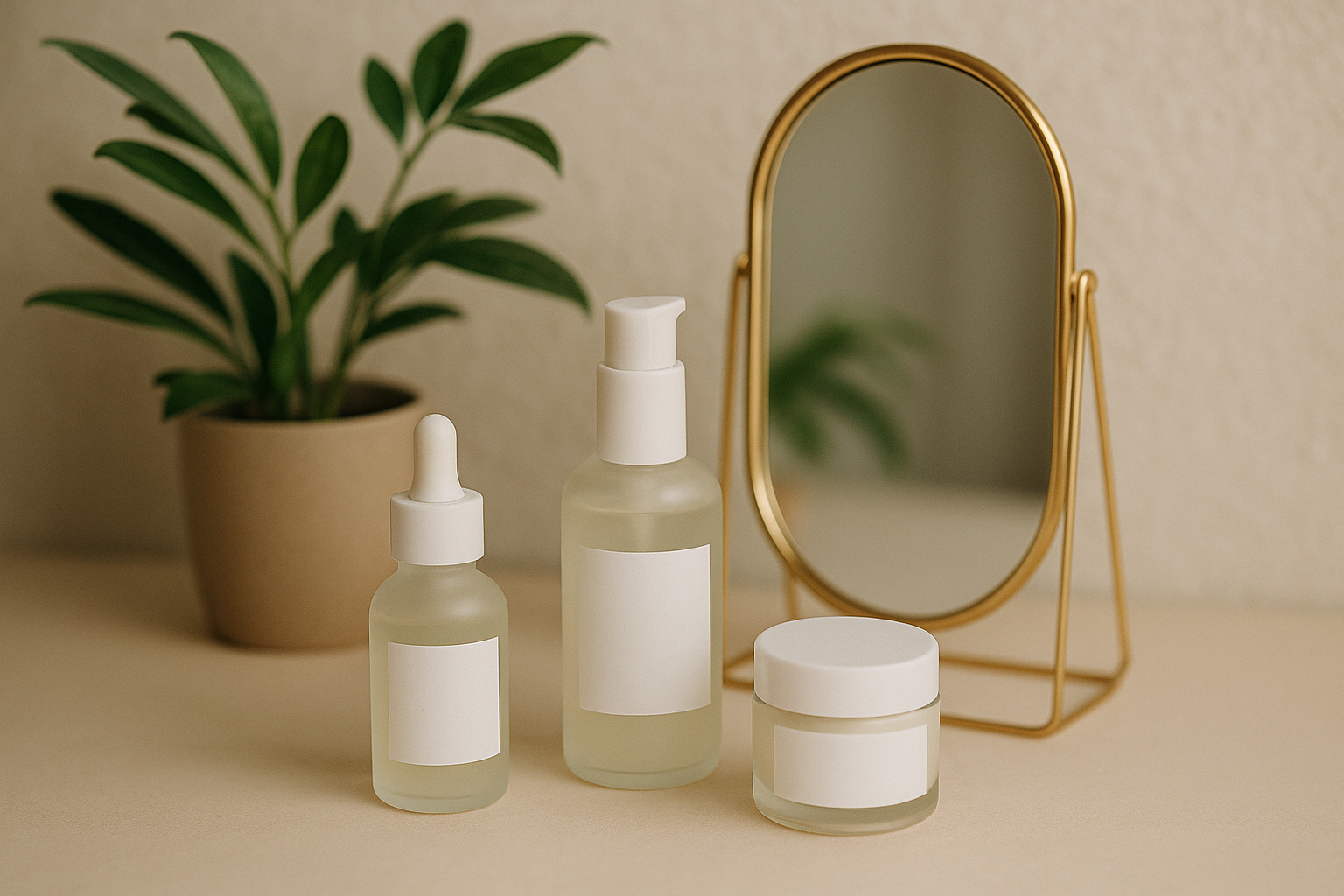 alt_text : Espace apaisant avec des produits de soin pour peau mixte, flacons design, miroir doré, plante.