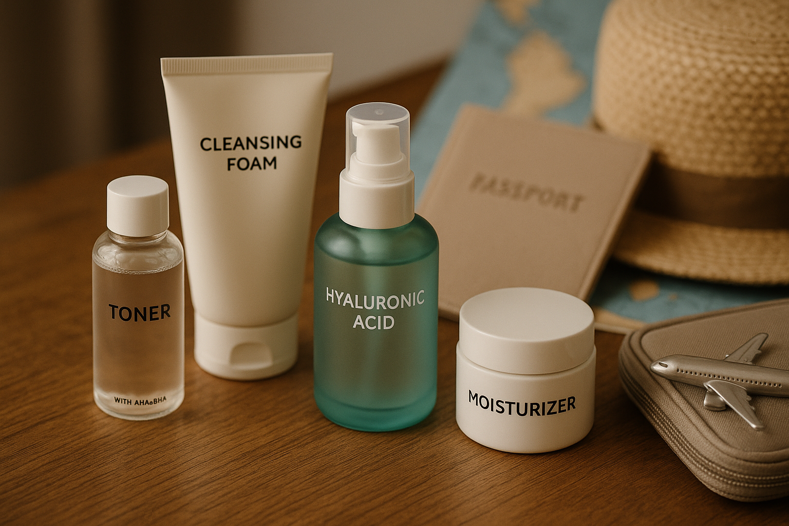 Produits de skincare coréens et accessoires de voyage disposés sur une table en bois, éclairage doux.