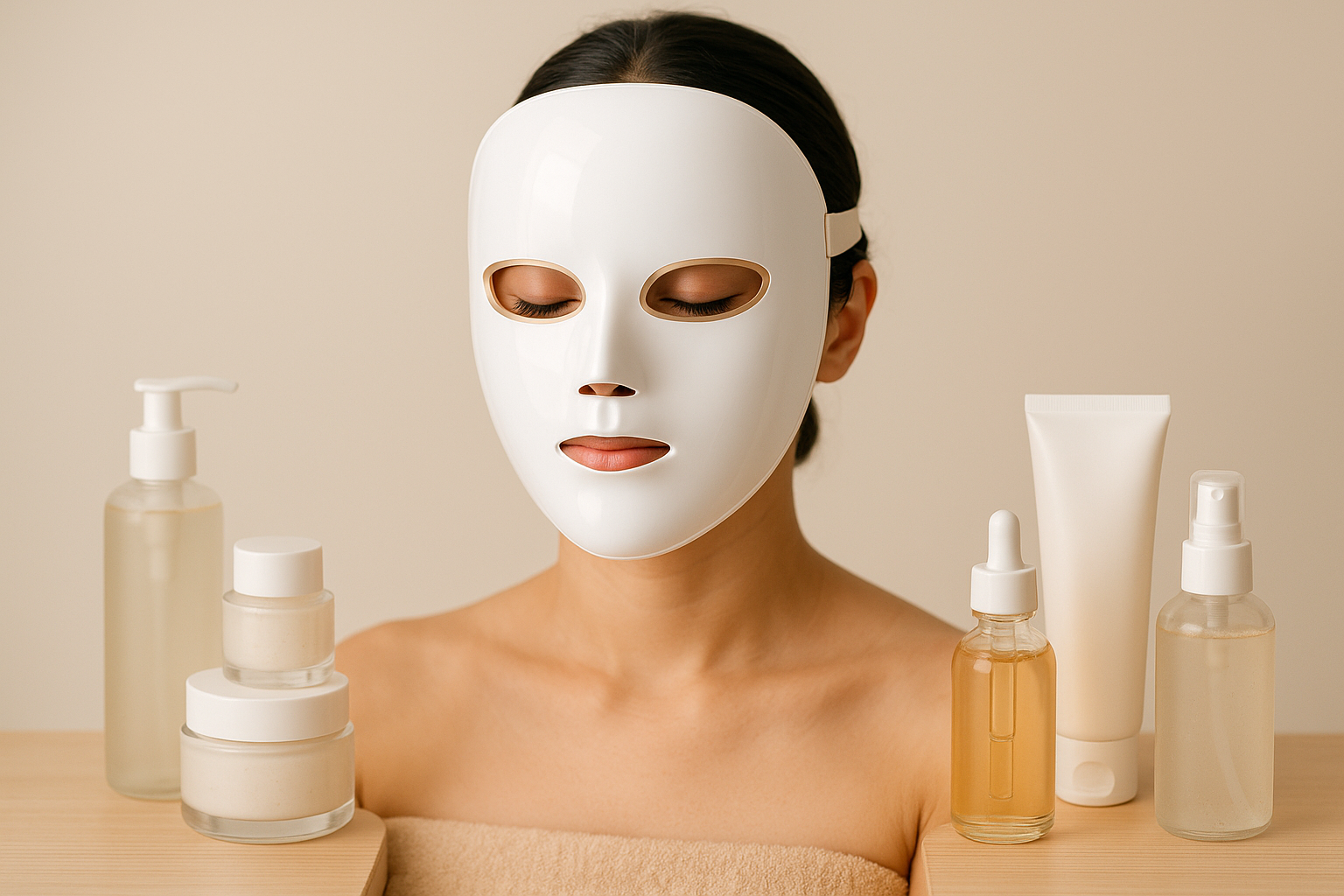alt_text : Modèle avec masque LED au design épuré, entouré de soins K-beauty, dans des tons doux et lumineux.