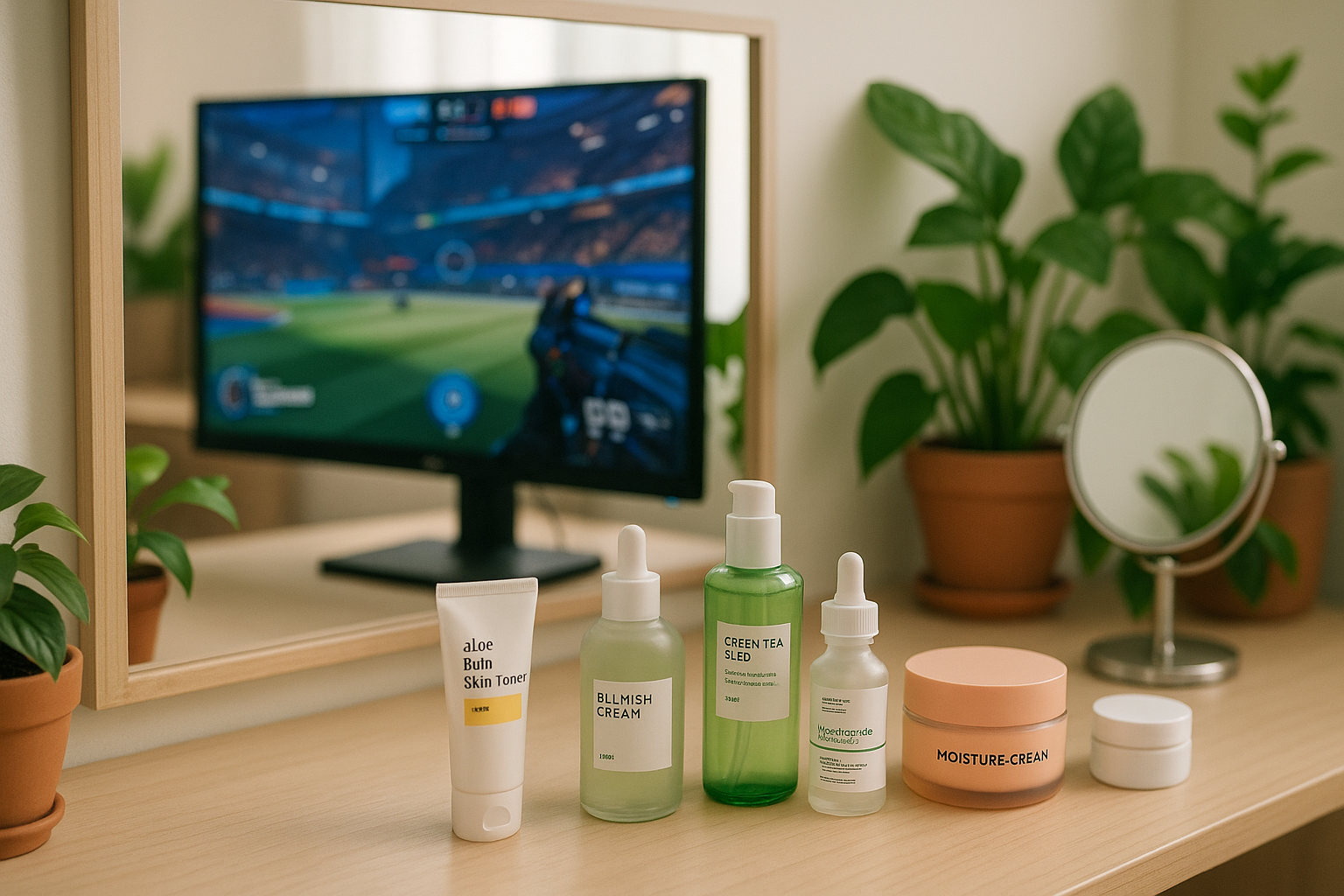 alt_text : Coiffeuse moderne avec produits skincare coréens, écran e-sport, palette douce, plantes vertes.