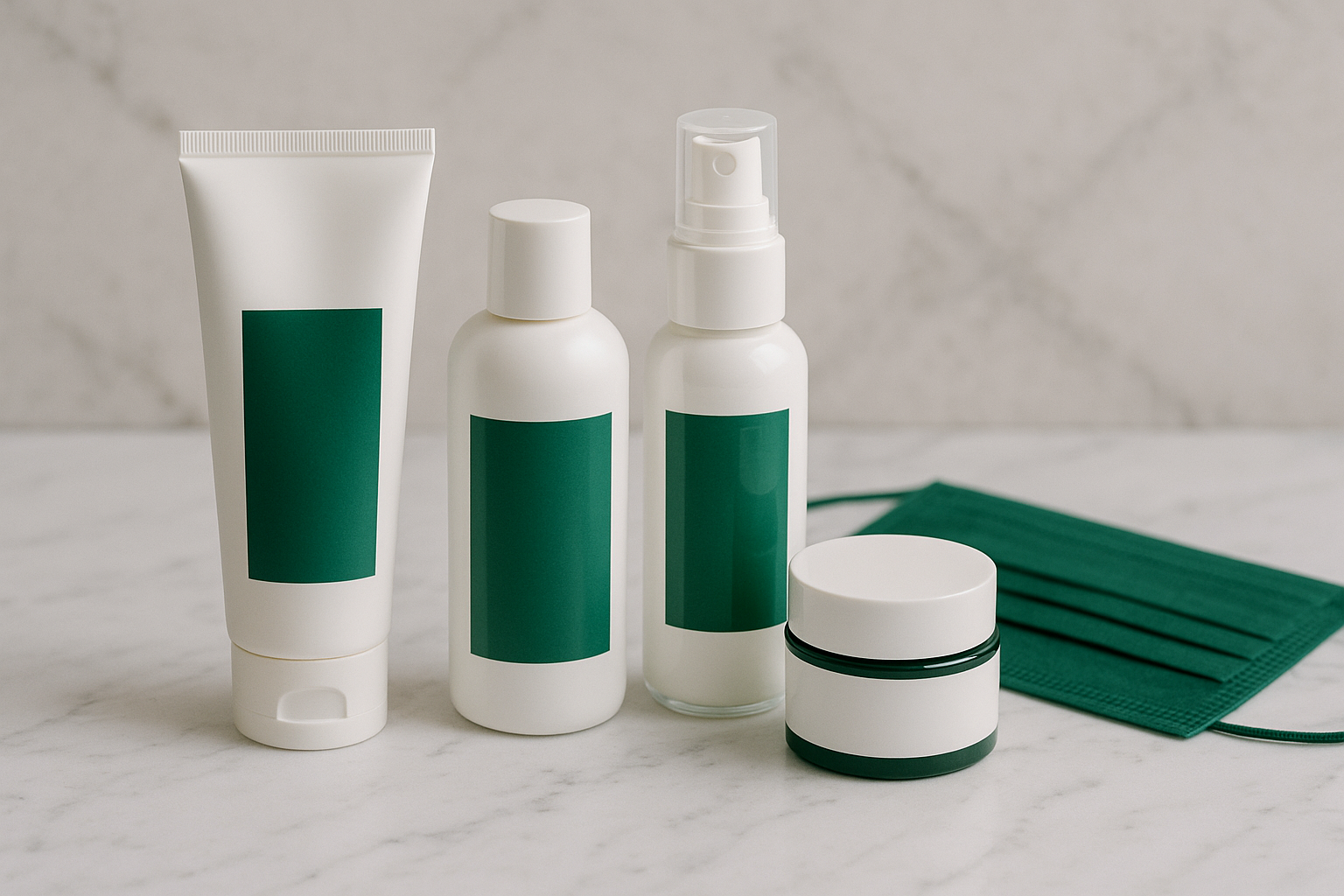 Kit de soin épuré sur marbre blanc, touches vert émeraude, protection urbaine anti-pollution.