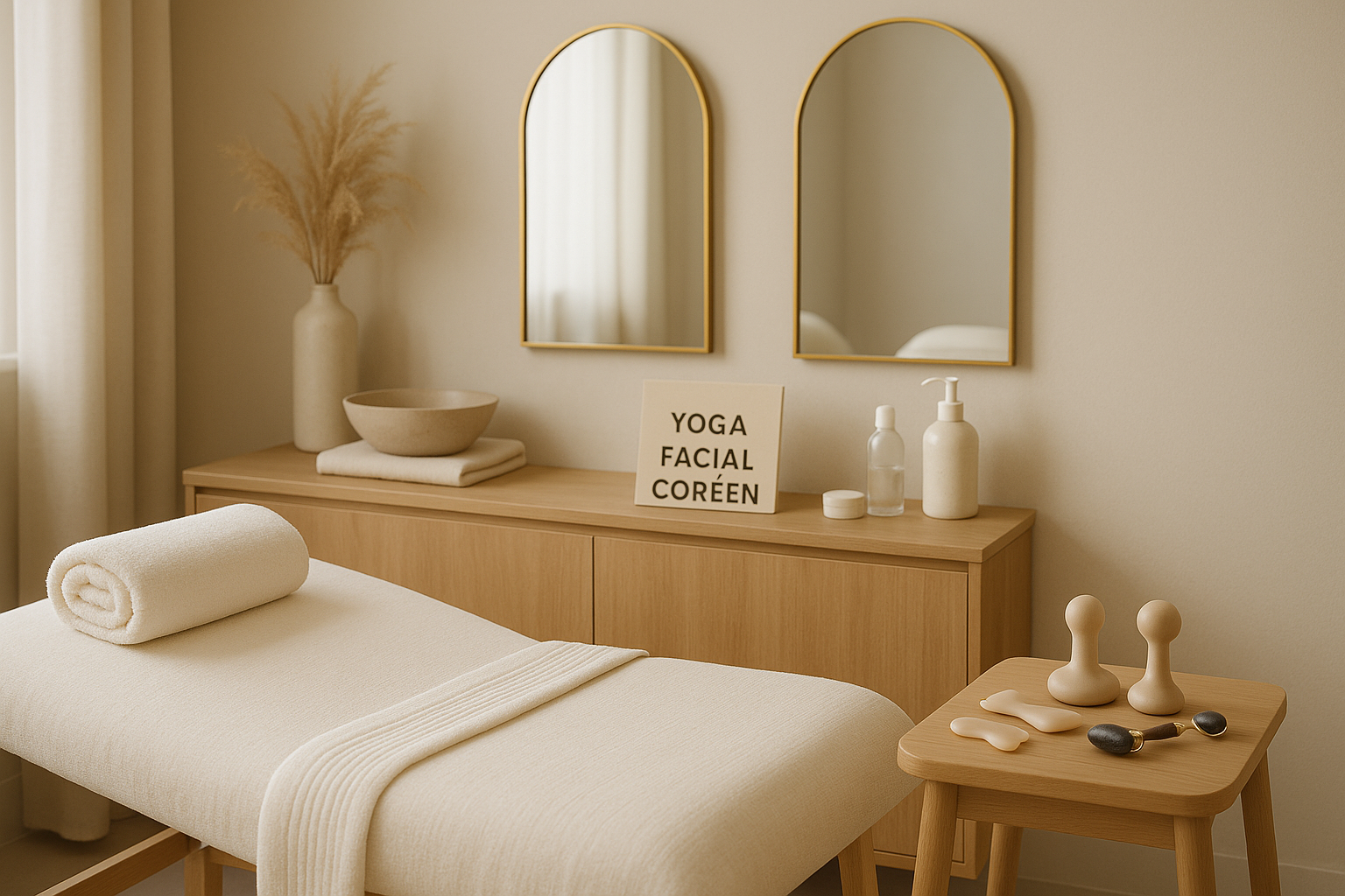alt_text : Un spa moderne aux tons doux, dédié au yoga facial coréen, avec soins, miroirs dorés et accessoires.