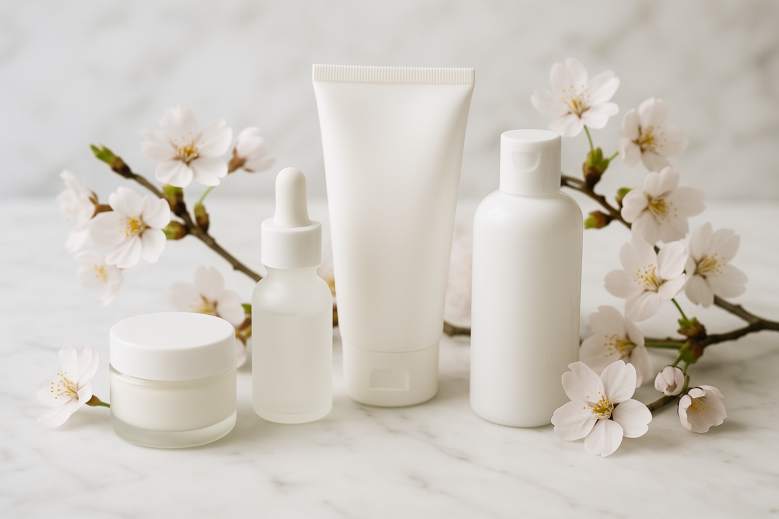 alt_text: Produits skincare sur marbre blanc avec fleurs de cerisier, évoquant pureté et sérénité.
