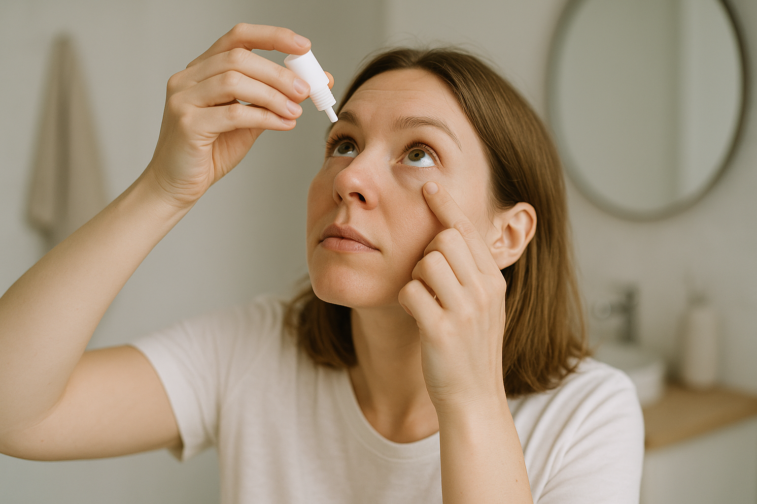 alt_text : Une femme applique un sérum pour les yeux dans une salle de bain minimaliste aux tons clairs.