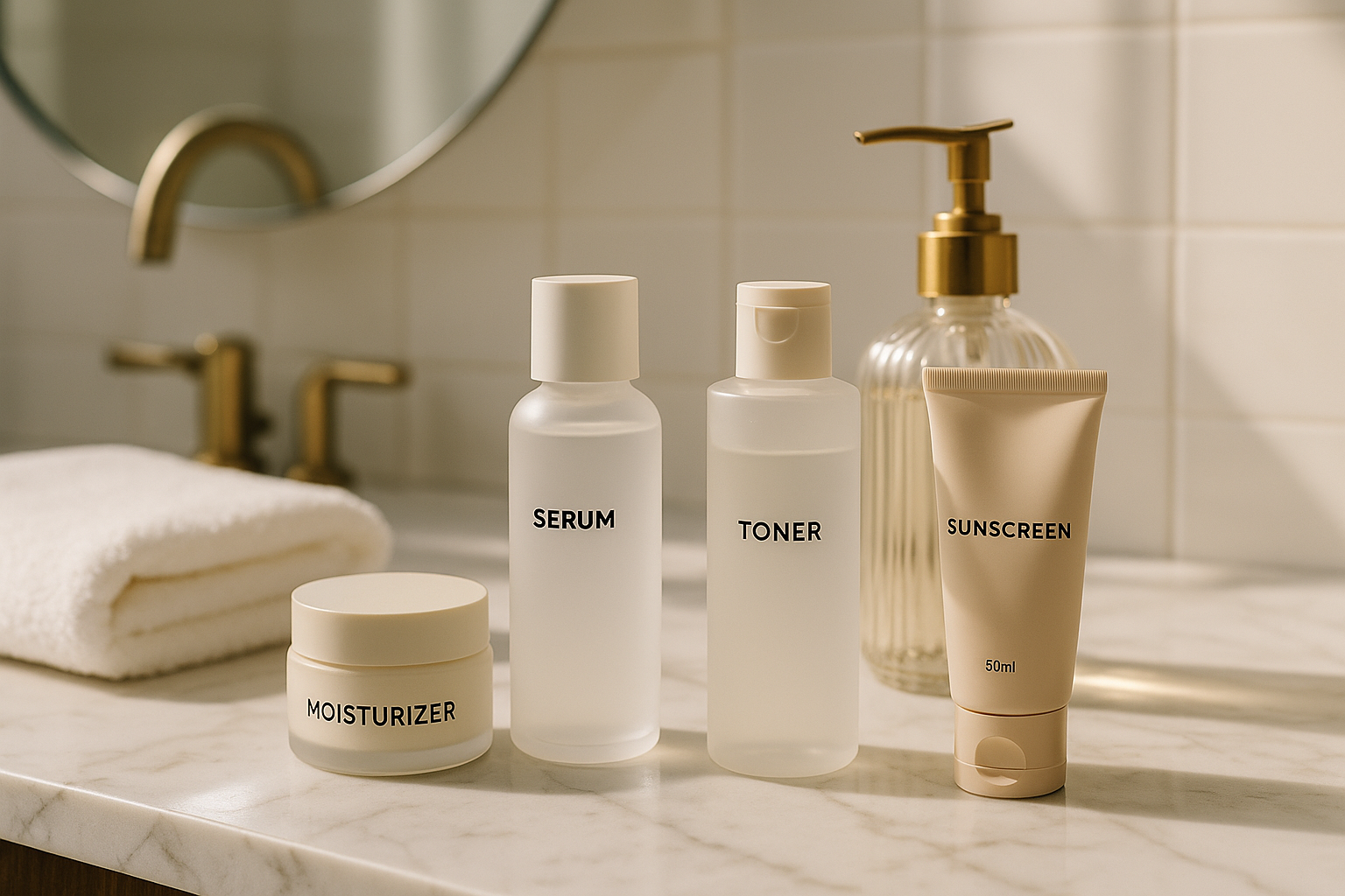 alt_text : Salle de bains minimaliste, produits coréens sur marbre, lumière naturelle, touches luxueuses.